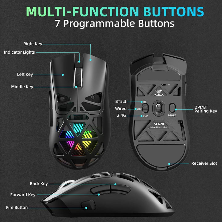 AULA SC620 Kabellose Gaming Maus,BT5.0/2.4G/USB-C,mit PixArt PAW3311-Sensor,12000DPI,8KHz,Feuertaste