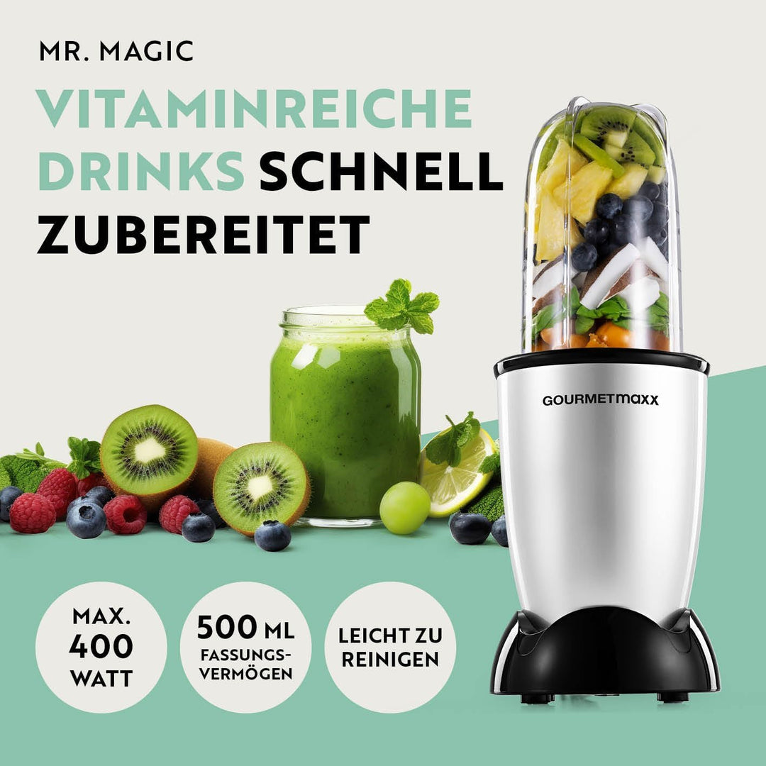 GOURMETmaxx Mr. Magic Power Pro Mixer 400 Watt | Smoothie Maker mit to go Deckel | Standmixer mit Mi