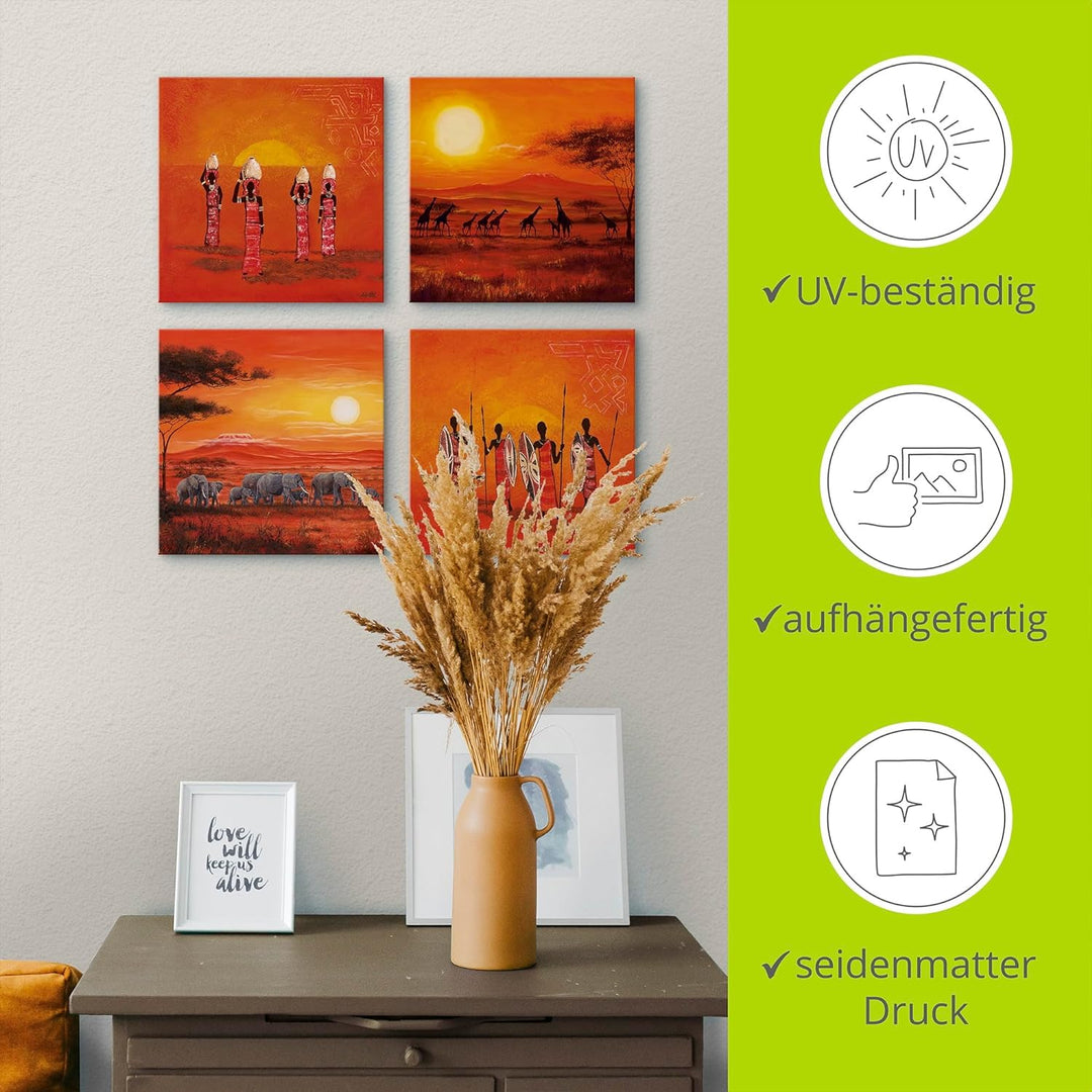 ARTLAND Leinwandbilder auf Holz Wandbild Bild Set 4 teilig je 30x30 cm Afrika Safari Landschaft Elef