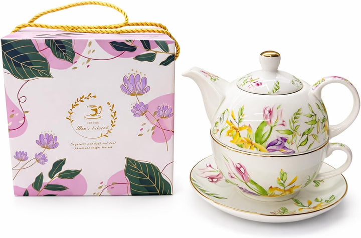 Porcelain Tea for One Set Beautiful Flower Ceramic Teapot with Cup Gifted Box (Tulip), Tulip