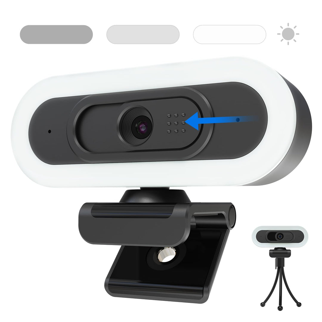 VIZOLINK W4LS Webcam HD 2K/1080P mit Ring-Beleuchtung, Autofokus, Klarer Stereo-Mikrofone, Lichtkorr
