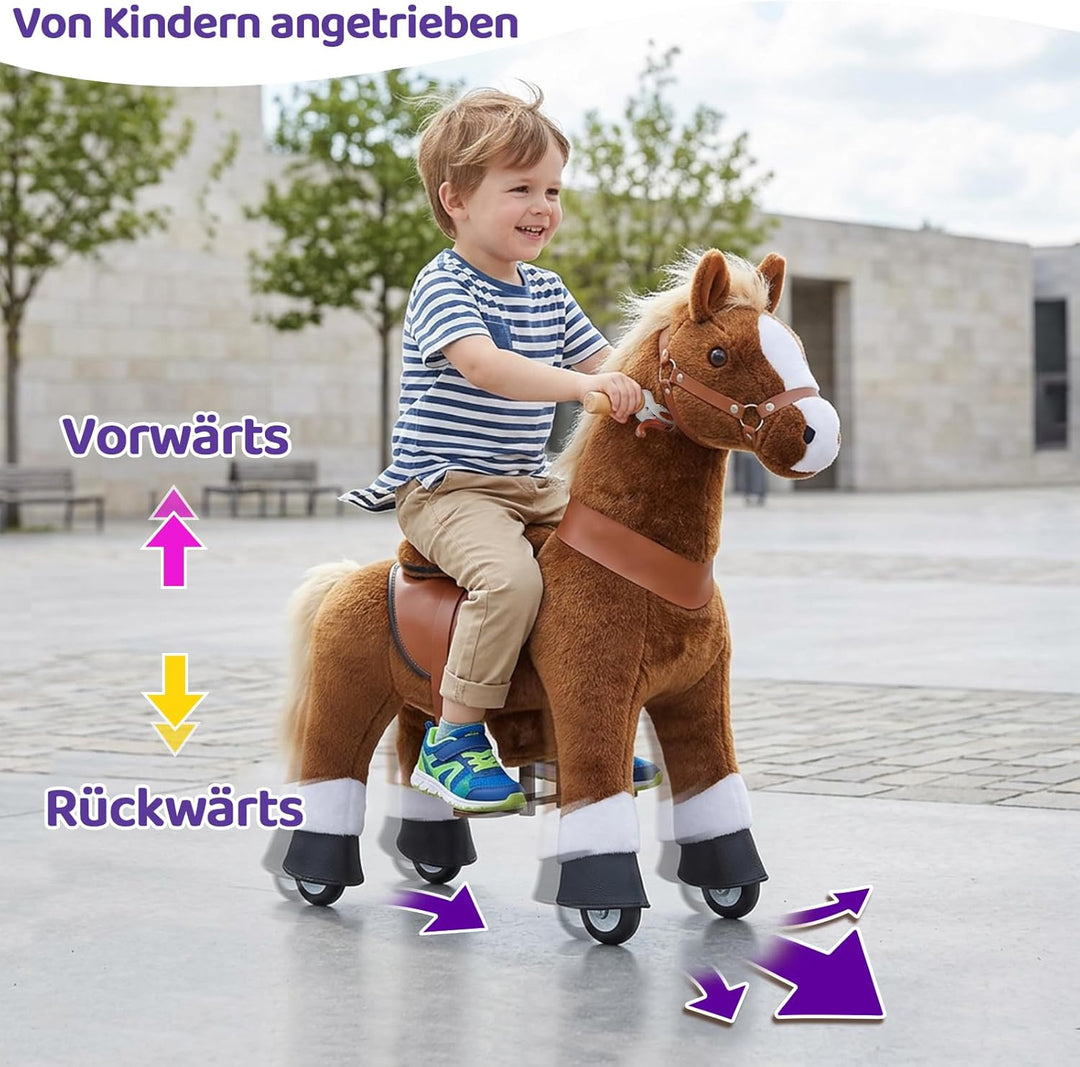 PonyCycle Pferd zum reiten, für Kinder 3–4 Jahre, 76cm Hoch, Reitpferd auf Rollen mit Handbremse und