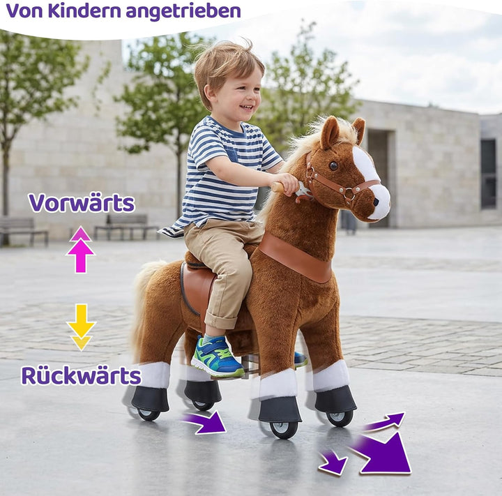 PonyCycle Pferd zum reiten, für Kinder 3–4 Jahre, 76cm Hoch, Reitpferd auf Rollen mit Handbremse und