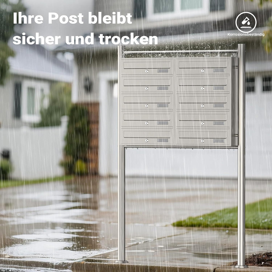 Wiltec 10er Briefkastenanlage Edelstahl 945 x 270 x 1500 mm, Standbriefkasten mit 2x5 Fächern, Schlü