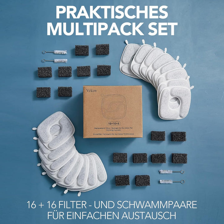 Veken Katzenbrunnenfilter, 16 Filter &amp; 16 Schwämme, für 3,2-L-Modelle 16 Filter + 16 Schwämme, 16 Fi