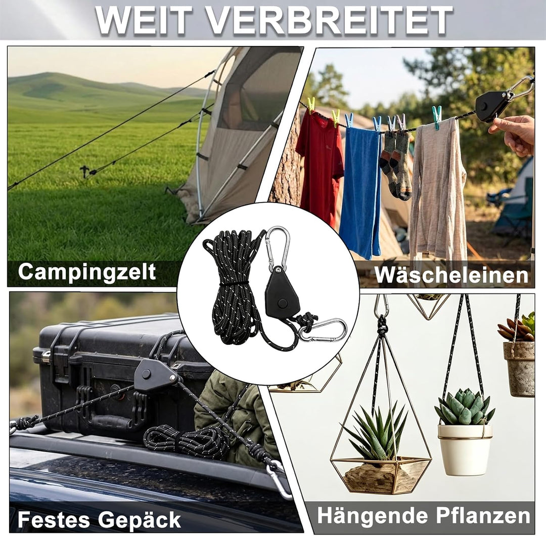6 Stück 4m Seilratsche mit Haken and Schraubheringe Schwarz, Schwarz