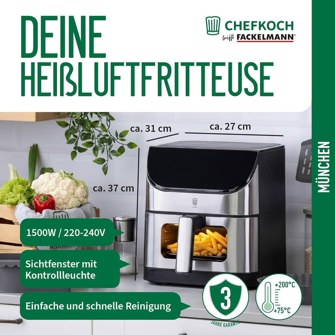 Chefkoch trifft Fackelmann Heissluftfritteuse – 6L Fassungsvermögen, 10 Automatikprogramme, Touchscr