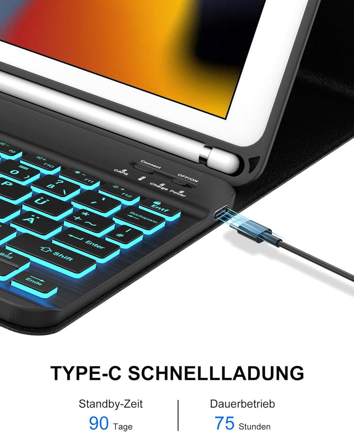Für iPad 10,2" Hülle mit Beleuchteter Tastatur für 7./8./9. Gen, Air 3, Pro 10.5, Mit 7-Farben Hinte