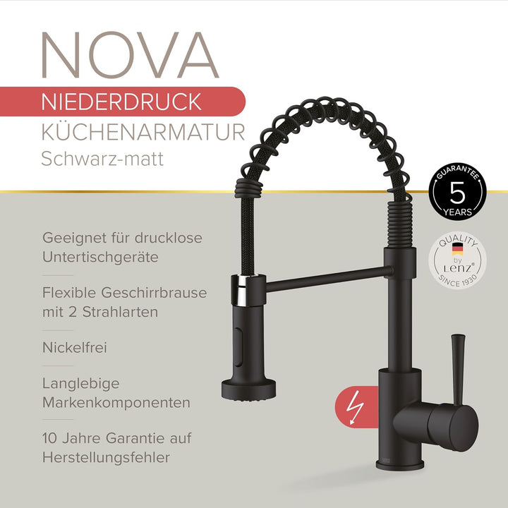 Lenz Niederdruck Küchenarmatur NOVA in Schwarz-matt – Mit Geschirrbrause und schwenkbarer Halterung