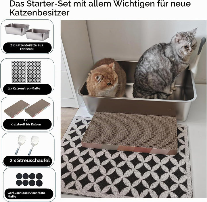 Edelstahl Katzentoilette 2er Set mit hohem Rand | geruchsneutral & leicht zu reinigen | rutschfeste