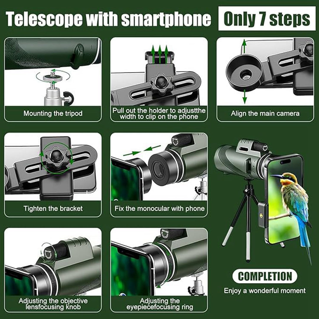 Monokulares Teleskop 12X50 Monokular Fernrohr Erwachsene mit Smartphone Halterung Stativ Wasserdicht