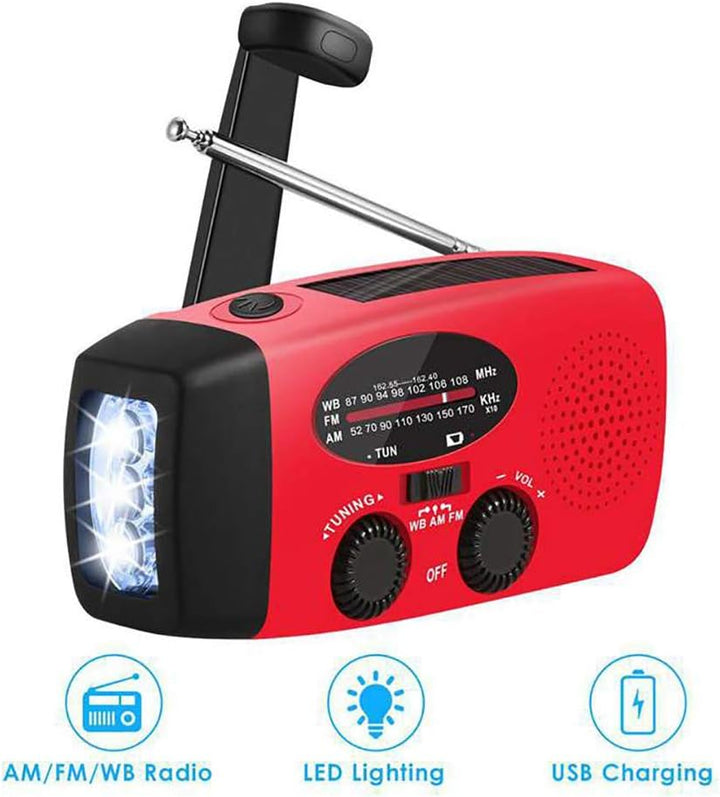 Notfallradio mit 2000mAh Powerbank, Kurbel, Solar, AM/FM & LED Taschenlampe – Tragbares NOAA Wetterr