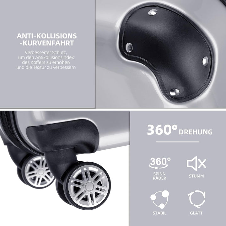BEIBYE Hartschalen Koffer Trolley Rollkoffer Reisekoffer 4 Zwillingsrollen Polycabonat (Silber, Koff