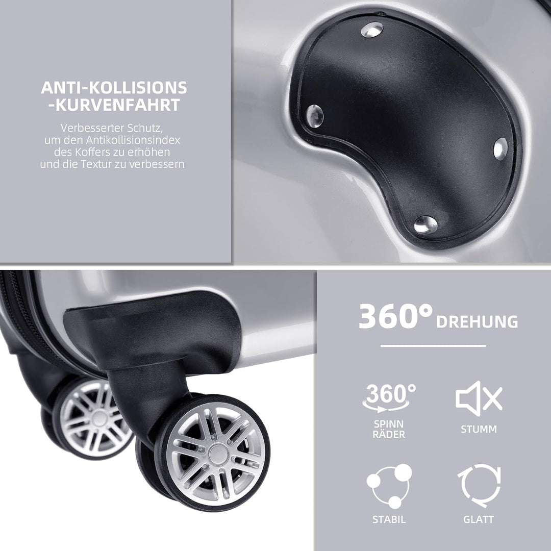 BEIBYE Hartschalen Koffer Trolley Rollkoffer Reisekoffer 4 Zwillingsrollen Polycabonat (Silber, Hand
