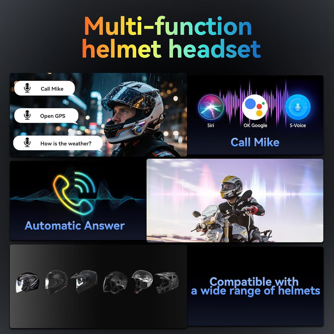OBEST Motorrad Bluetooth Headset, Motorradhelm Kopfhörer mit LED RGB Schillernde Lichter, IP65 Wasse