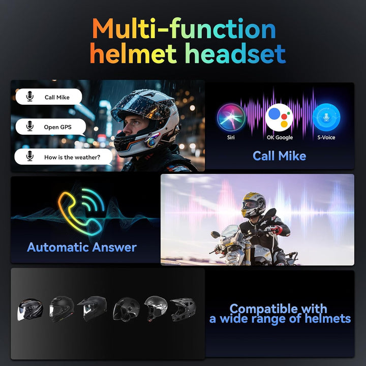 OBEST Motorrad Bluetooth Headset, Motorradhelm Kopfhörer mit LED RGB Schillernde Lichter, IP65 Wasse