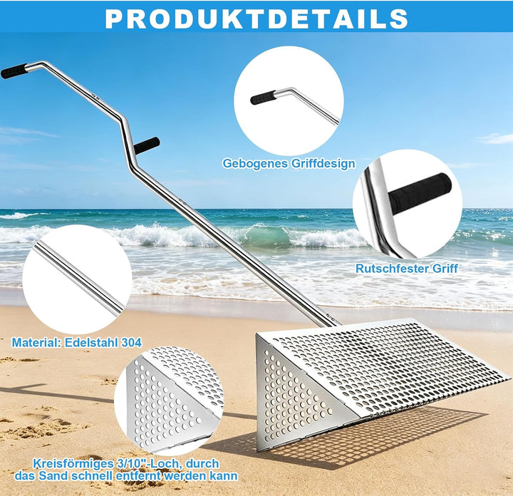 Sand Flohrechen Set, Edelstahl Strandsand Sieb, Abnehmbarer Langer Griff mit Eimer, Handschuhe, Scha