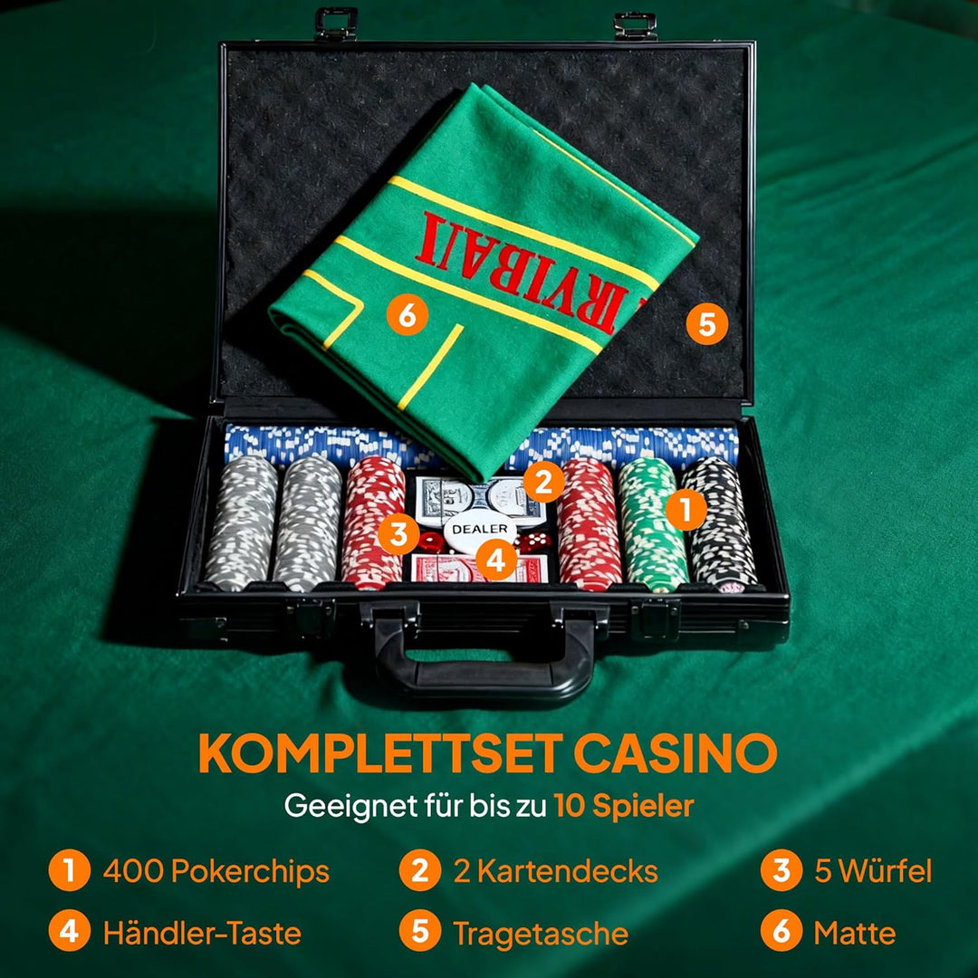 SPORTNOW Pokerkoffer Pokerset, Poker Komplett Set mit 400 Chips, 11,5 Gramm, 2 Kartendecks, 5 Würfel