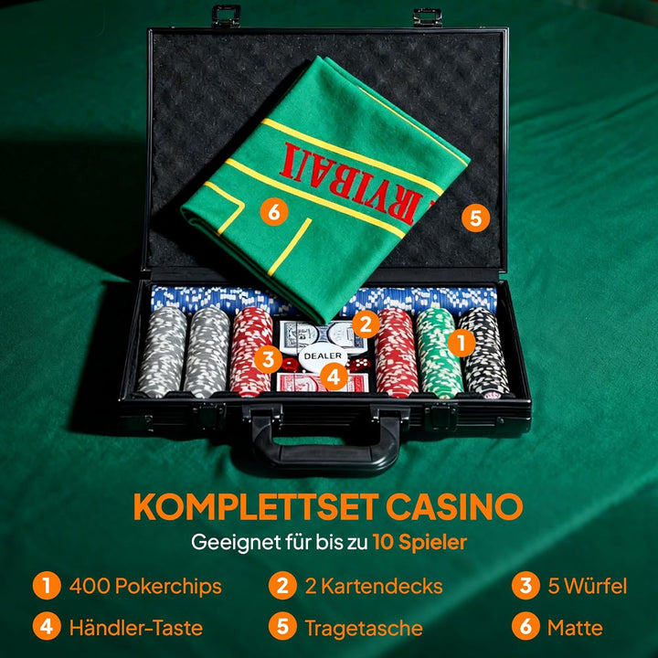 SPORTNOW Pokerkoffer Pokerset, Poker Komplett Set mit 400 Chips, 11,5 Gramm, 2 Kartendecks, 5 Würfel