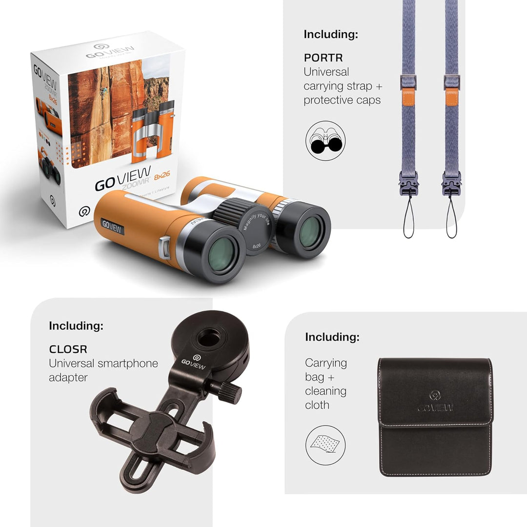 GoView ZOOMR 8x26 kleines, leichtes Fernglas (8-Fach Zoom, Magnesiumgehäuse, inkl. Smartphone-Adapte