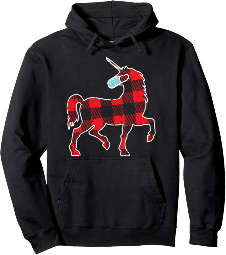 Plaid Unicorn In Mask Christmas Quarantine Girls Women Gift Pullover Hoodie