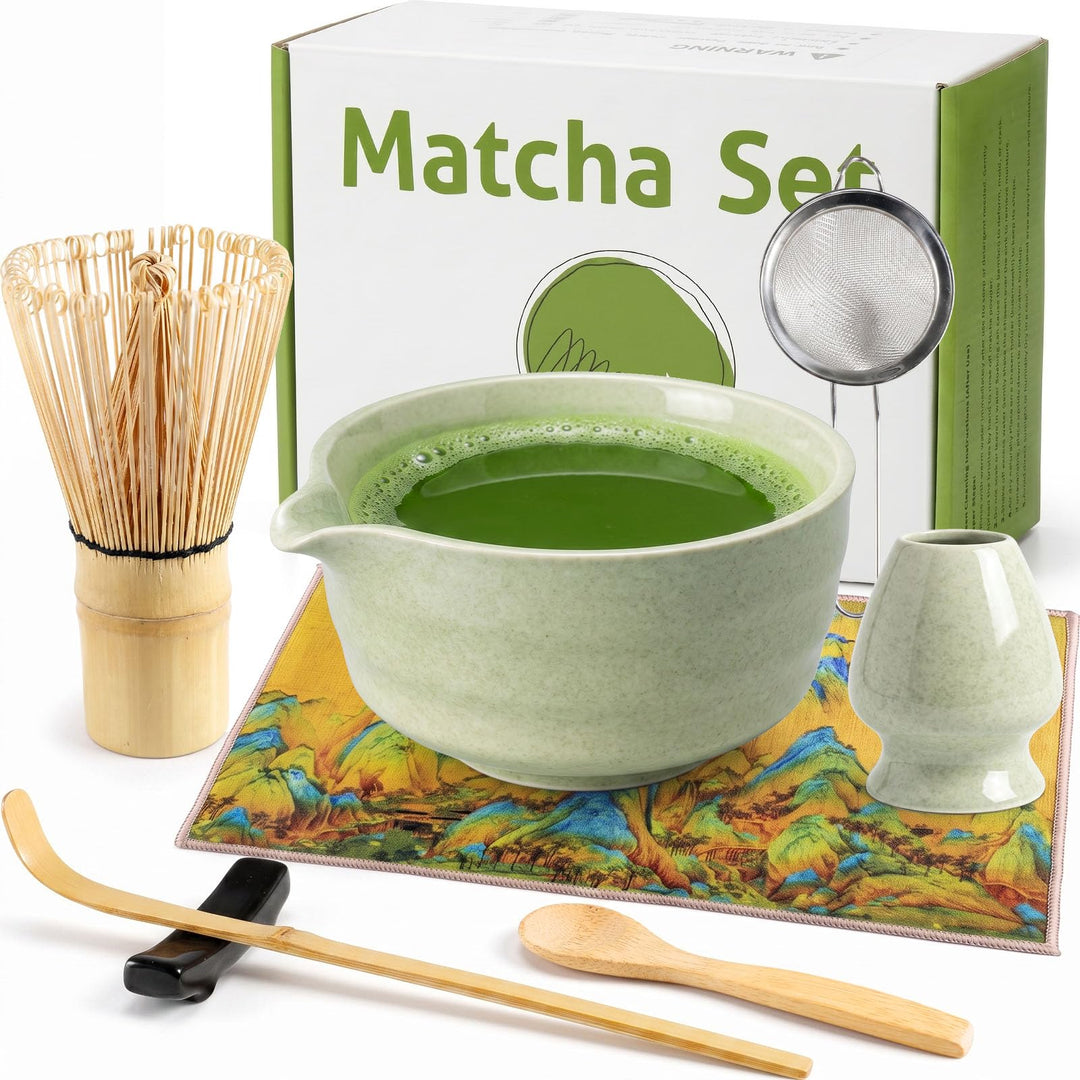 Matcha Set, 8 Stk Matcha Tee Set mit Keramik Matcha Schale mit Ausguss | Tropffreies Ausgiessen, Cre