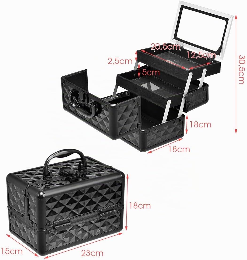HOMASIS Kosmetikkoffer mit Spiegel, Mini Schminkkoffer mit 3 Ebenen, tragbarer Beauty Case mit Griff