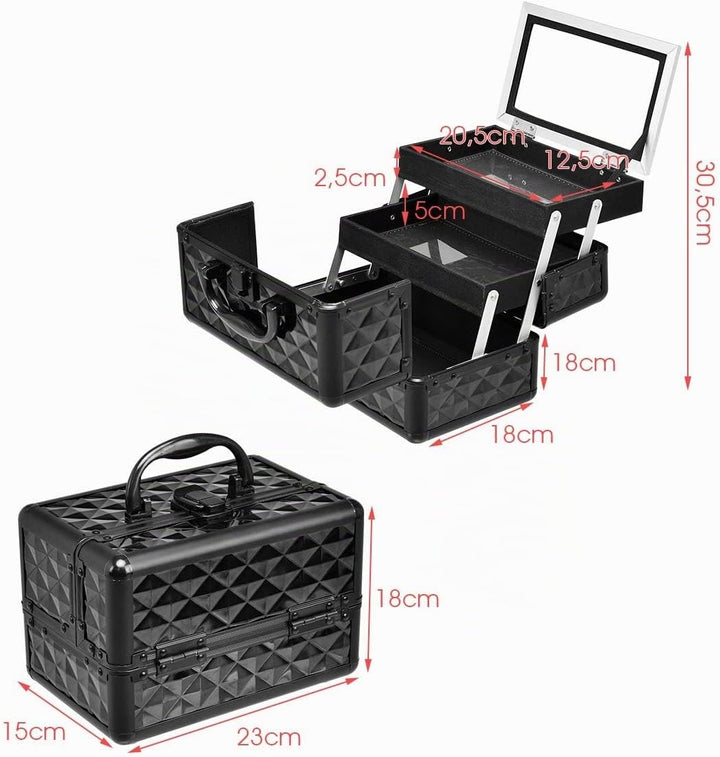 HOMASIS Kosmetikkoffer mit Spiegel, Mini Schminkkoffer mit 3 Ebenen, tragbarer Beauty Case mit Griff