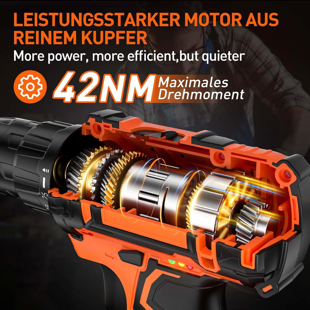 Akkuschrauber, 20V Akku Bohrschrauber Set mit 2 Akkus 2.0Ah, Akkubohrer 42Nm Drehmoment, 25+1 Drehmo