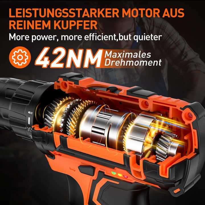 Akkuschrauber, 20V Akku Bohrschrauber Set mit 2 Akkus 2.0Ah, Akkubohrer 42Nm Drehmoment, 25+1 Drehmo