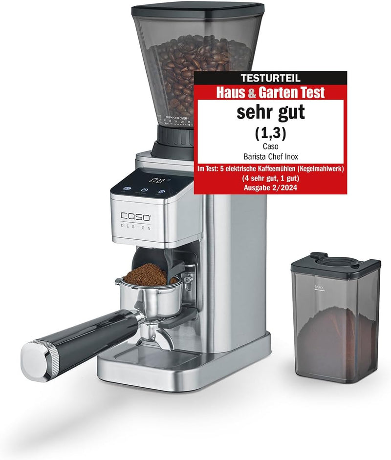 CASO BaristaChef Inox - elektrische Kaffeemühle, langlebiges Edelstahl-Kegelmahlwerk, mit Siebträger