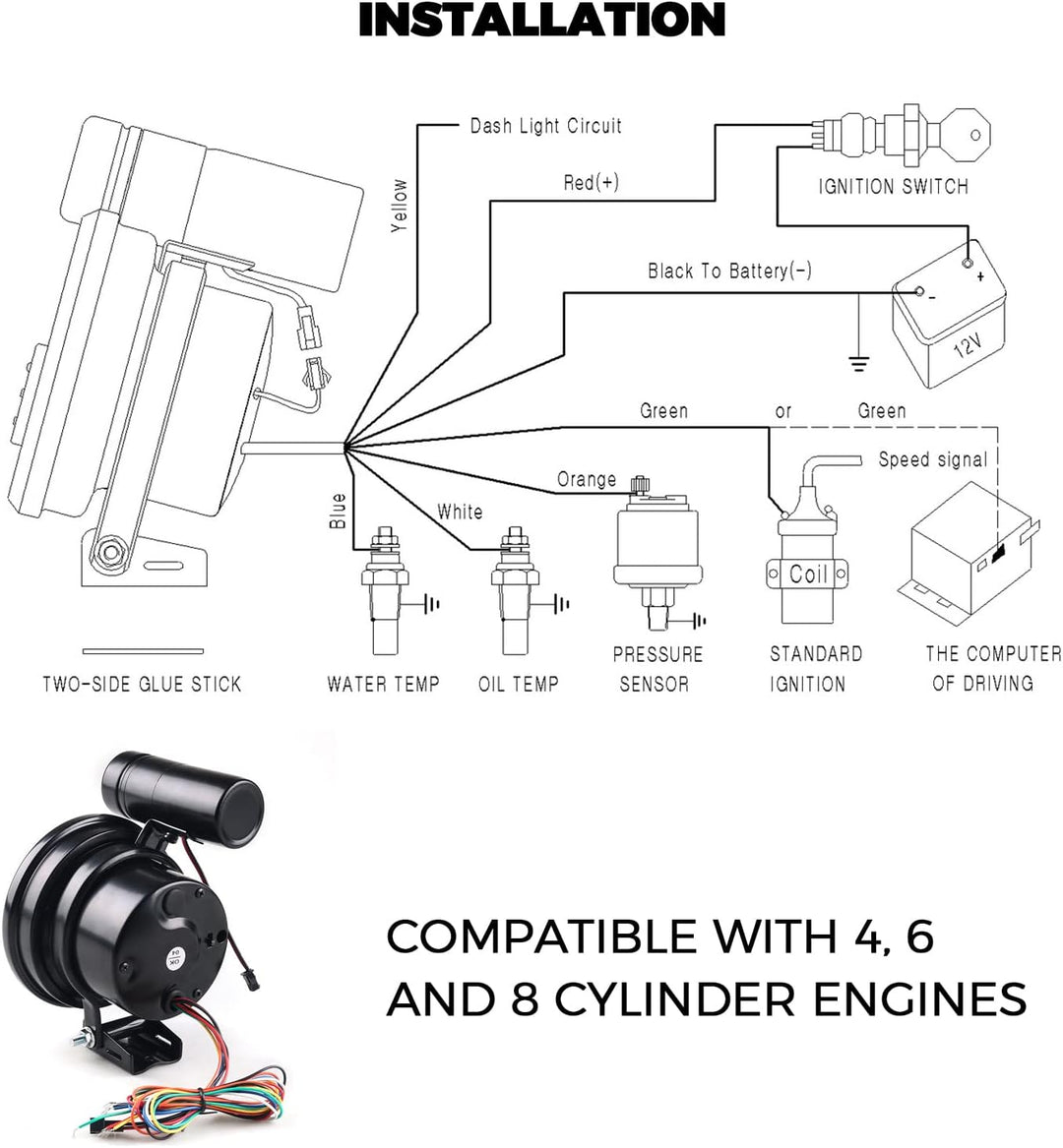 TOTMOX Universal 5" Kohlefaser 4 in 1 Drehzahlmesser mit 11000 U/min mit Temperatur-/Öl-/Wasseranzei