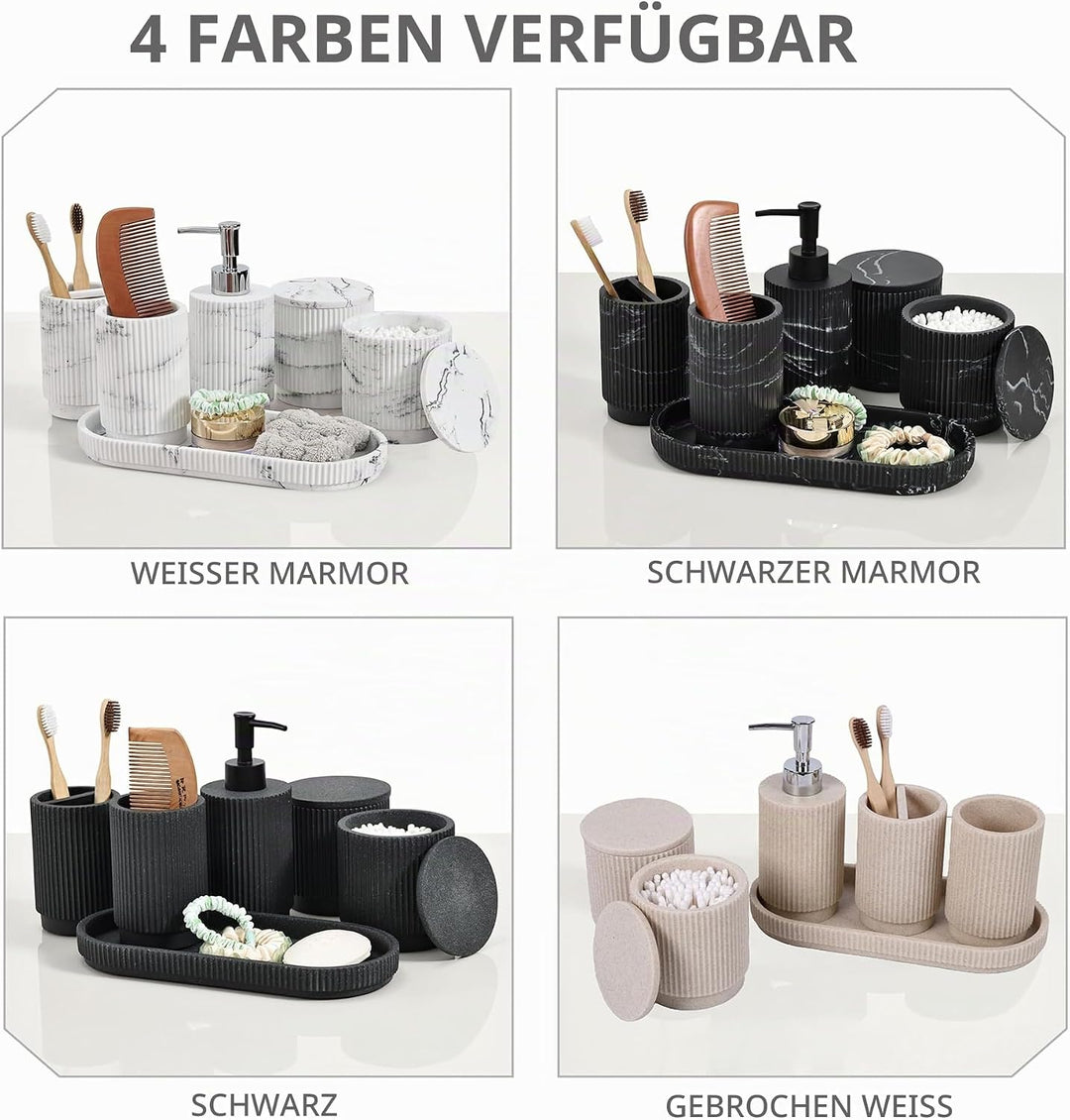 Badezimmer Set 6-TLG | Seifenspender + Zahnputzbecher mit Tablett &amp; Wattestäbchenbox | Design Streif
