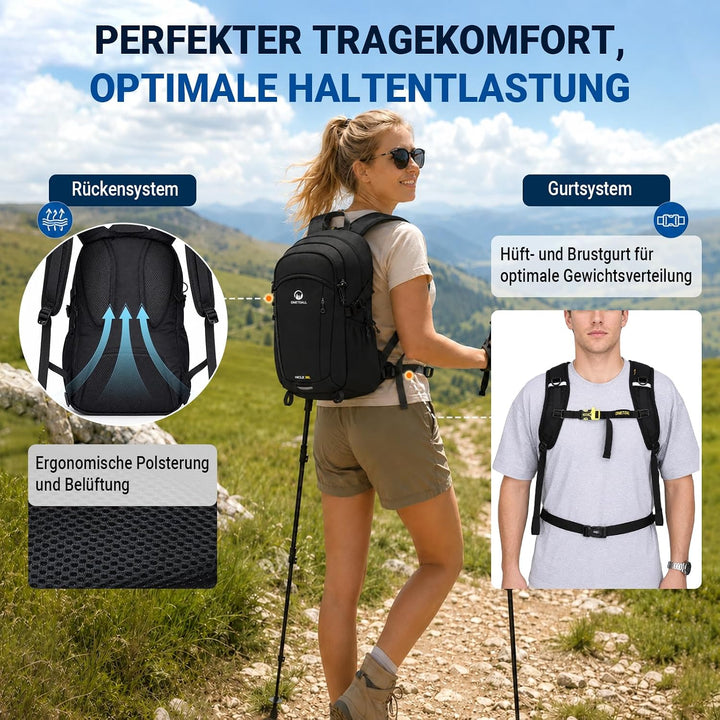 Wanderrucksack Damen & Herren 20L, Leichter Tagesrucksack Klein, Rucksack Wasserdicht mit Regenhülle