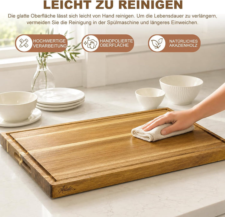 Schneidebrett Holz 43×33×2,5 cm aus massivem Akazienholz Küchenbrett | Saftrille hält Flüssigkeit zu