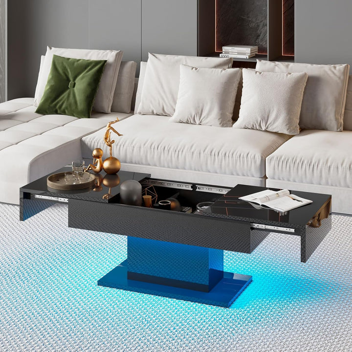 KEEPREAPER Couchtisch Hochglanz ausziehbar, Wohnzimmertisch versenkbar mit Stauraum für Sofa, 108x53
