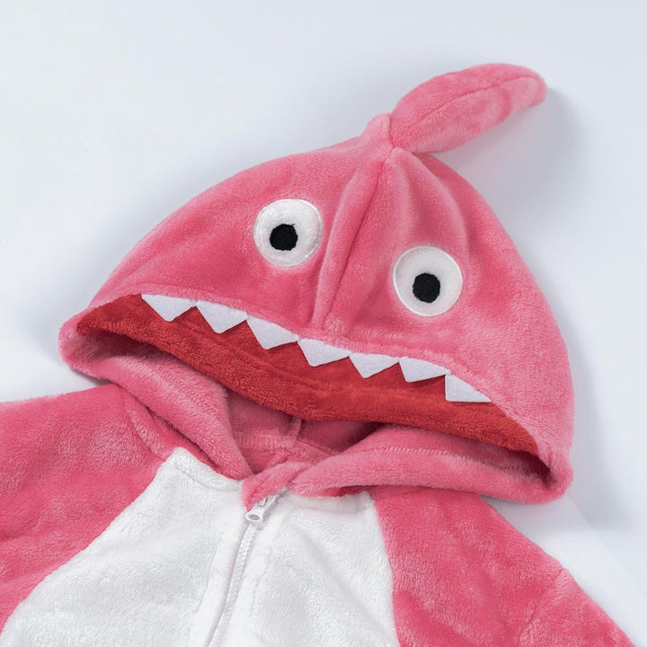 LOLANTA Kinder Hai Kostüm, Jungen Tier Flanell Strampler Overall mit Kapuze 1-2 Jahre Rosa, 1-2 Jahr