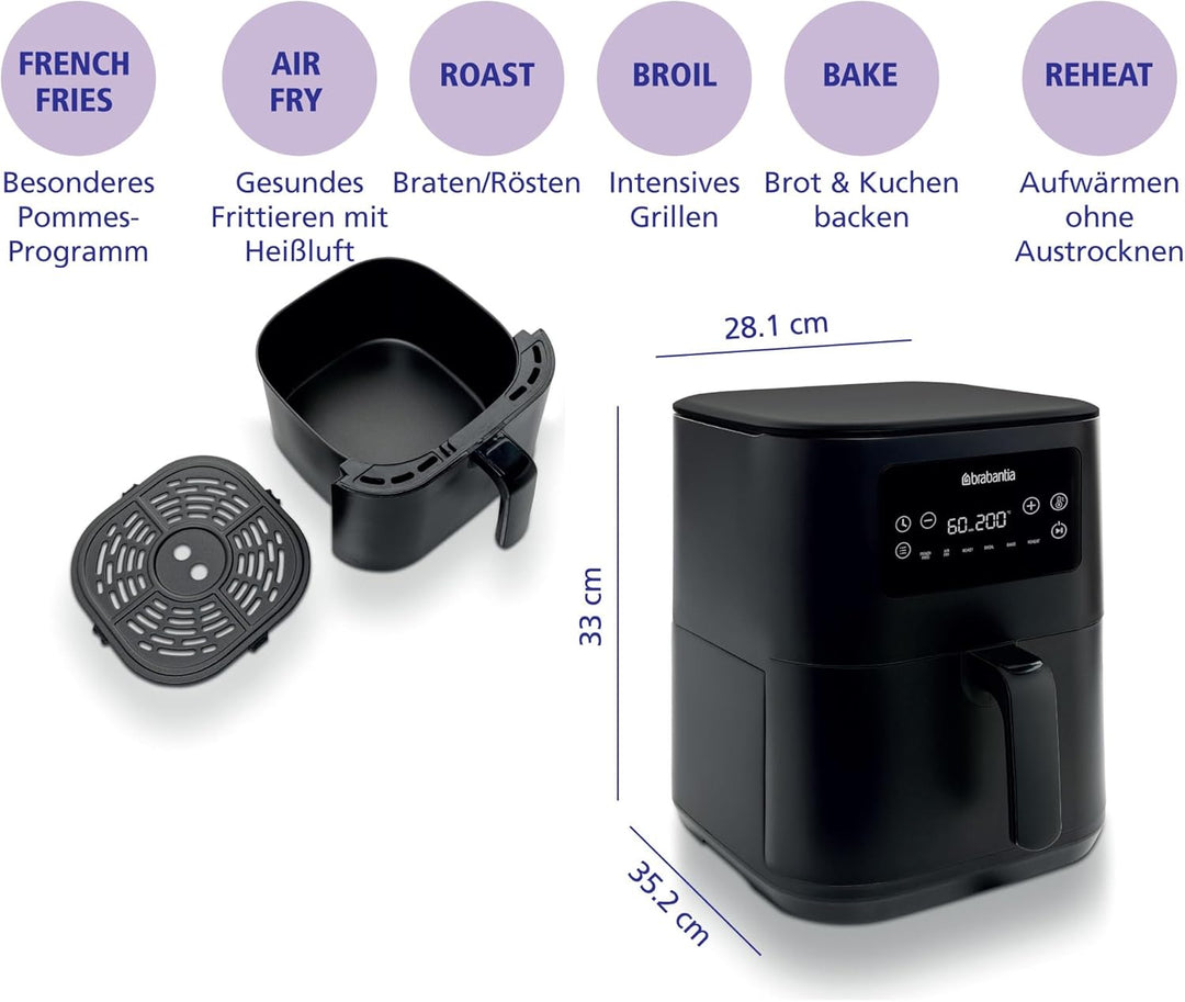 Brabantia Airfryer XXL, 5,7 Liter, 1700 Watt, 80–200°C, für 5 Personen, 6 Kochprogramme, Digitaler T
