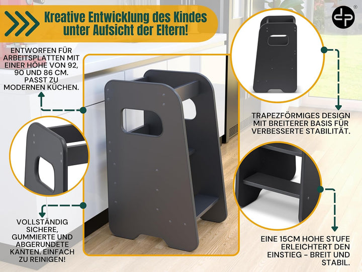 Lernturm ab 1 Jahr - 3 Stufen Höhenverstellbar, Sicher & Stabil - Learning Tower mit Kippschutz - Le