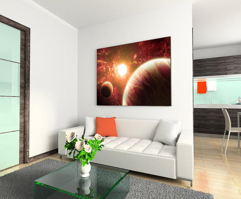 Paul Sinus Art XXL Fotoleinwand 120x80cm Illustration - Rote Planeten mit Mond auf Leinwand Exklusiv