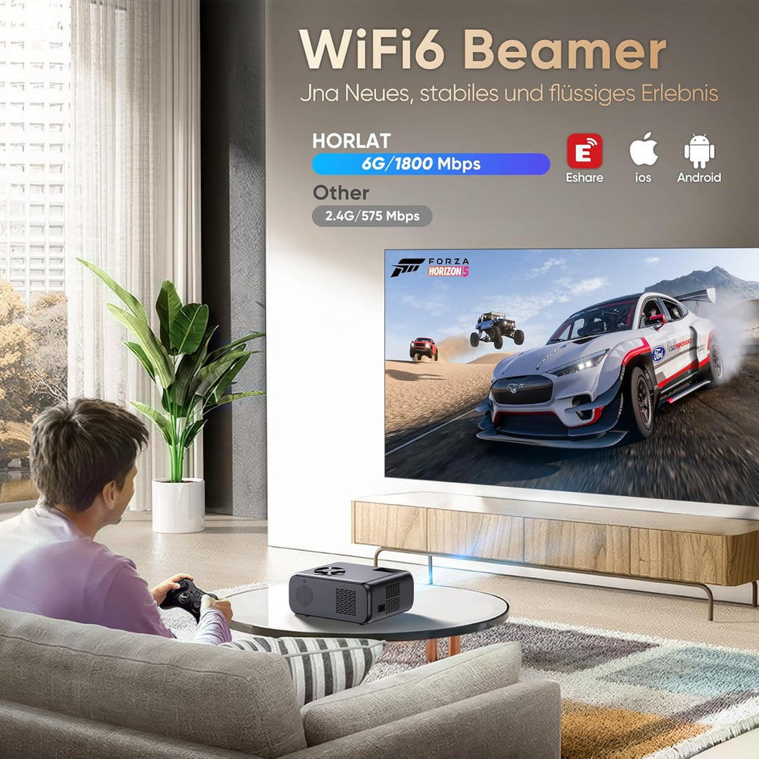 Beamer Kompatibel mit, HORLAT Beamer Unterstützt 4K, 28000 Lumen Full HD 1080P WiFi 6 Bluetooth, Aut