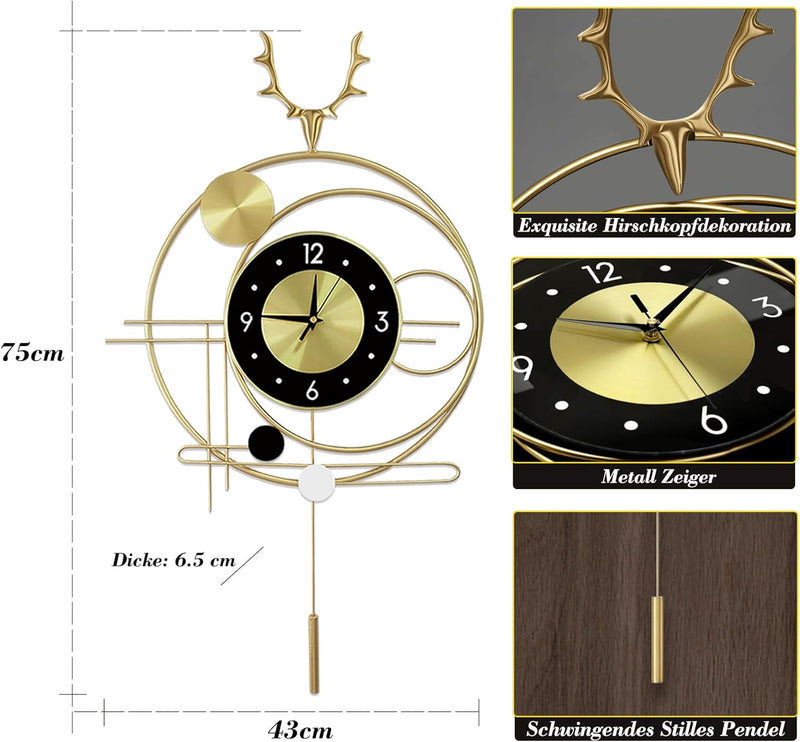 GERHWASH Wanduhr Gross - Wanduhr Lautlos Goldene Wanduhr mit Pendel Wanduhr Modern Einfache Uhr Wand