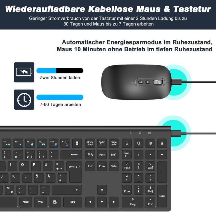 cimetech Tastatur Maus Set Kabellos, Ultra-Dünne Wiederaufladbare Kabellose Tastatur und Maus Ergono