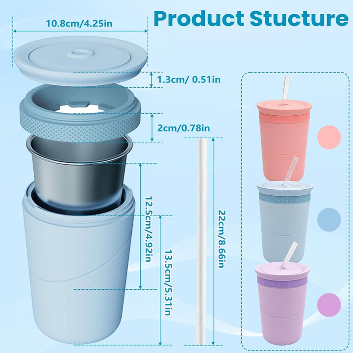 Slush Becher mit Edelstahlbecher & Deckel, Doppelwandiger Isolierbecher mit 2-in-1 Trinkhalm, BPA-fr