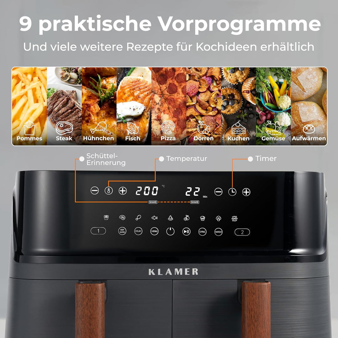 KLAMER Heissluftfritteuse Duo 9 L – Doppelkammer Airfryer mit 2 Körben & Digitaldisplay, 10 Automati