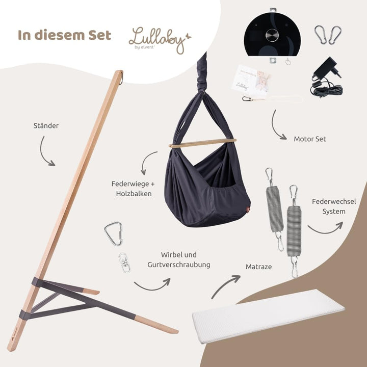 LULLABY Federwiege Set mit Matratze, 100% Baumwolle, Made in Germany (Baby Hängewiege mit Motor & St