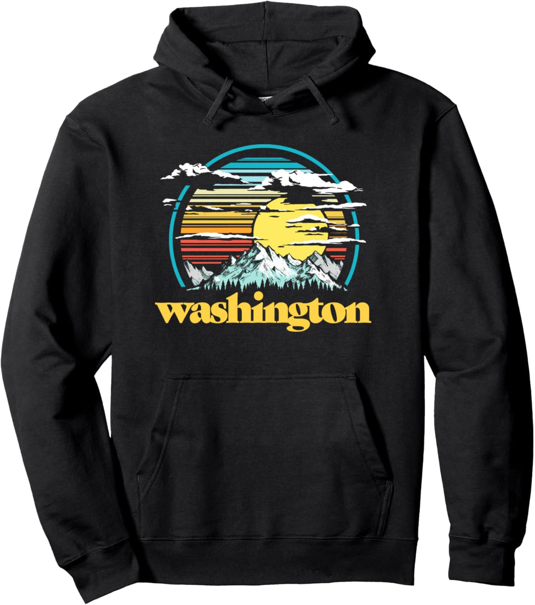Retro State of Washington Vintage 80s Style Mountains & Sun Pullover Hoodie