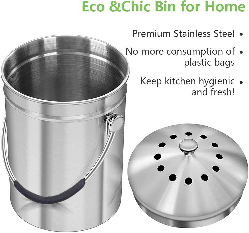 Abakoo Komposteimer für den Innenbereich, Küche, Komposteimer, 304 Edelstahl, Abfalleimer, Kücheneim