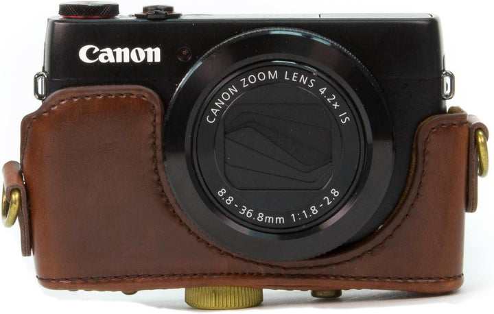 MegaGear Ever Ready Leder Kameratasche mit Trageriemen kompatibel mit Canon PowerShot G7 X Dunkelbra