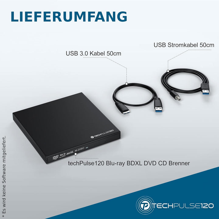 techPulse120 USB 3.0 3D Externer Blu-Ray Brenner Burner M-Disc BDXL Superdrive Blueray Rom Laufwerk